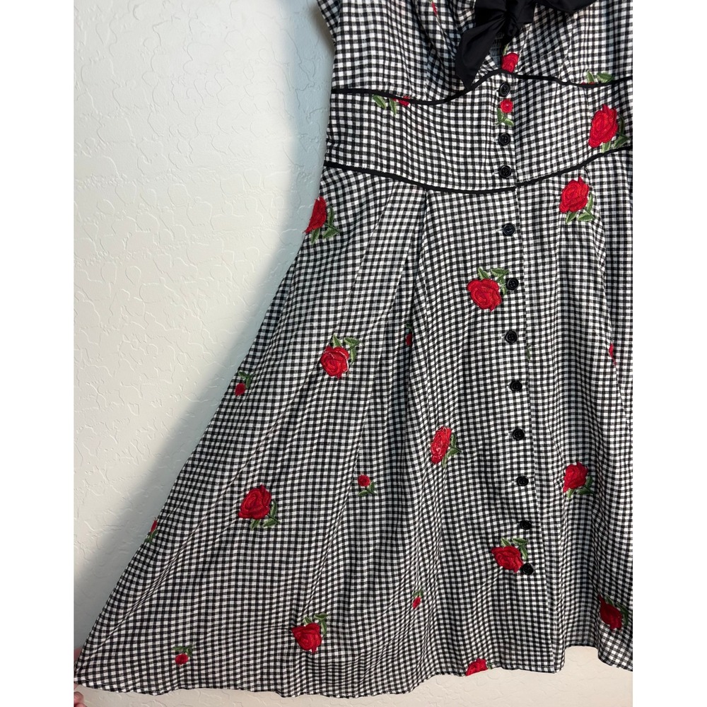 Unique Vintage Black & White Gingham Midi Dress with Red Rose Embroidery - Picture 3 of 6